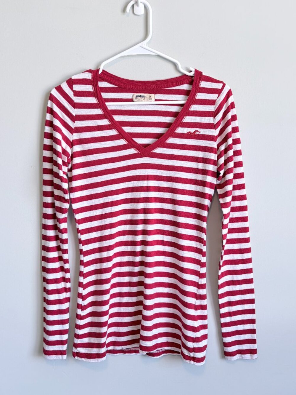 Y2K Hollister Long Sleeve 2000s V Neck Layering Red White Striped Women's Large